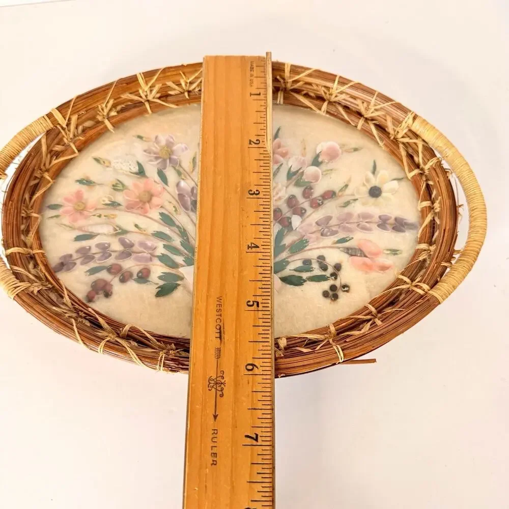 Vintage Shell Folk Art Woven Glass Wicker Tray Floral Bouquet Design 9x6” Granny